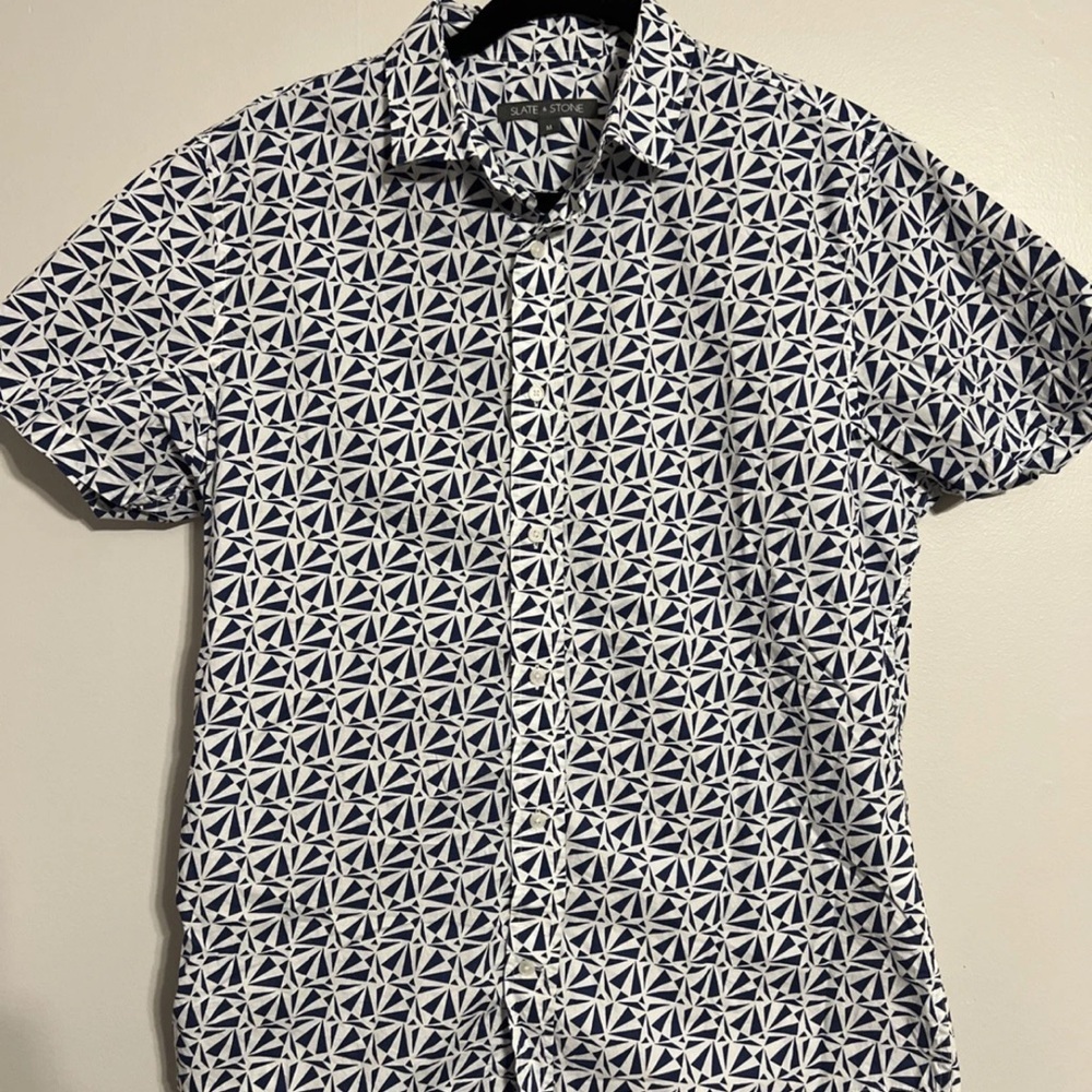 Slate & Stone Men’s Short Sleeve 100% Cotton Button Down Blue & White Medium